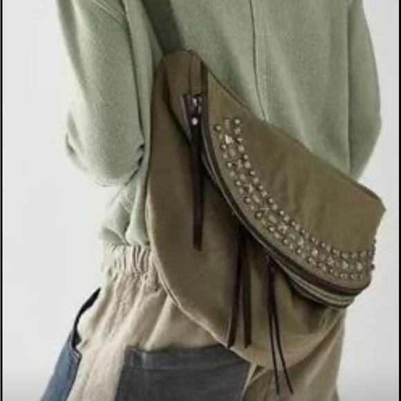 Free People At Ease Embellished sling bag green canvas NWOT. - Picture 2 of 7